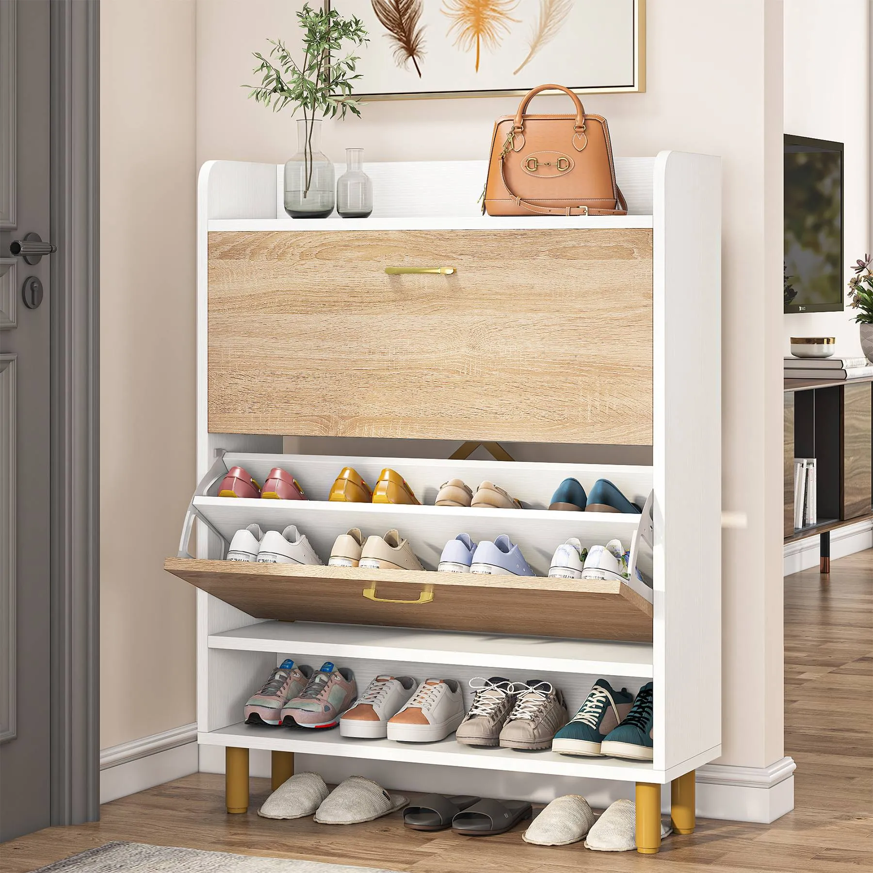 2-Tier Shoe Cabinet Shoe Organizer with Flip Doors & Open Shelves