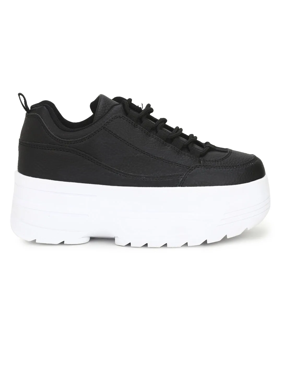 Black PU Cleated Bottom Flatform Lace-Up Sneakers