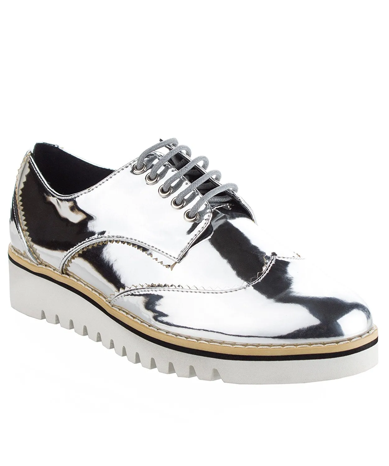 Cape Robbin Women's Fashion Patent Metallic Leather Lace Up Platform Oxford Sneakers Shoes