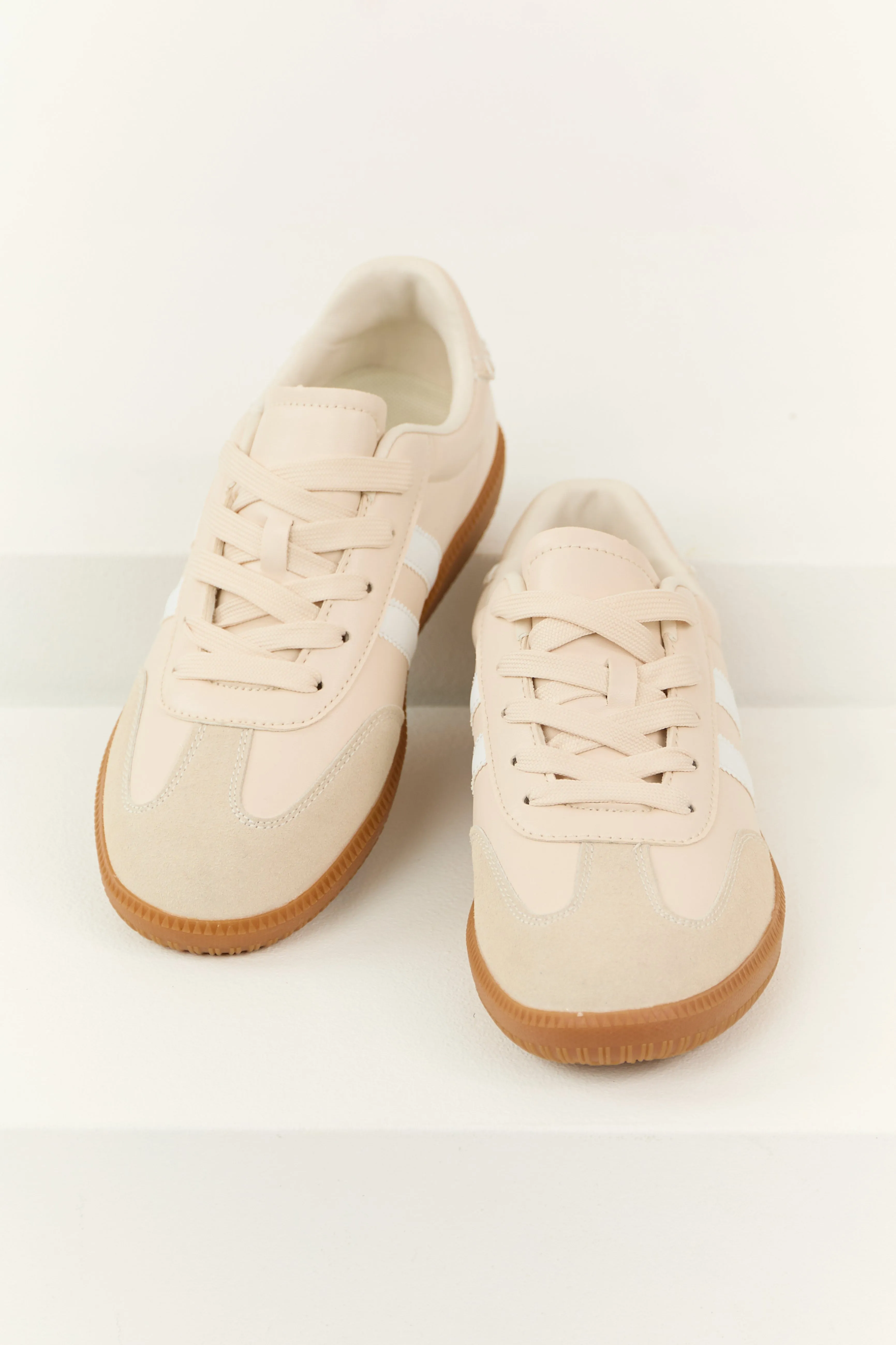 Champagne Faux Leather Stripe Lace Up Sneakers