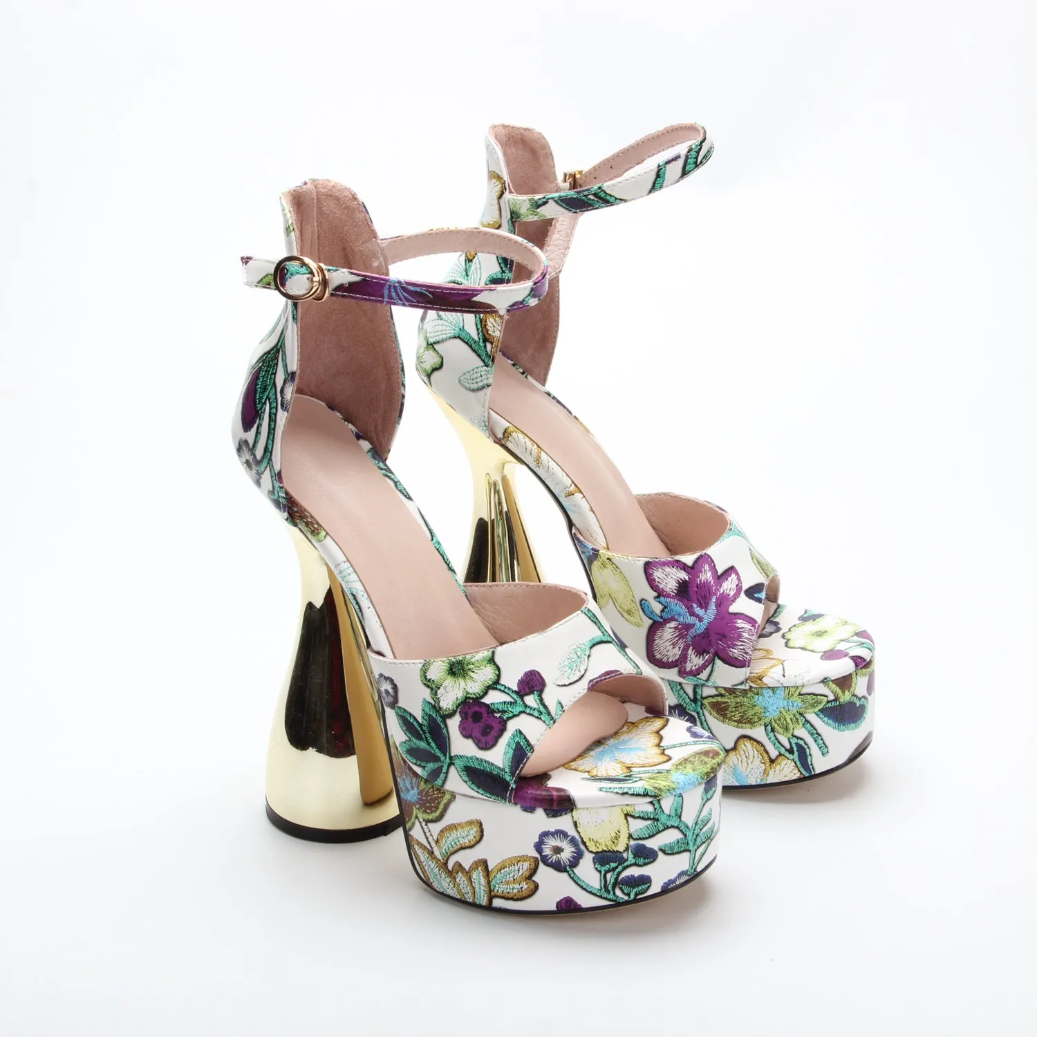 Floral Open Toe High Heel Platform Sandals