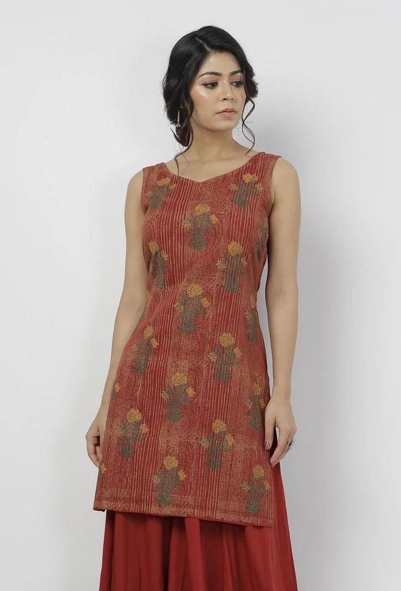 Gerua Maroon Floral Hand-Block Printed sleeveless Cotton Short Kurta