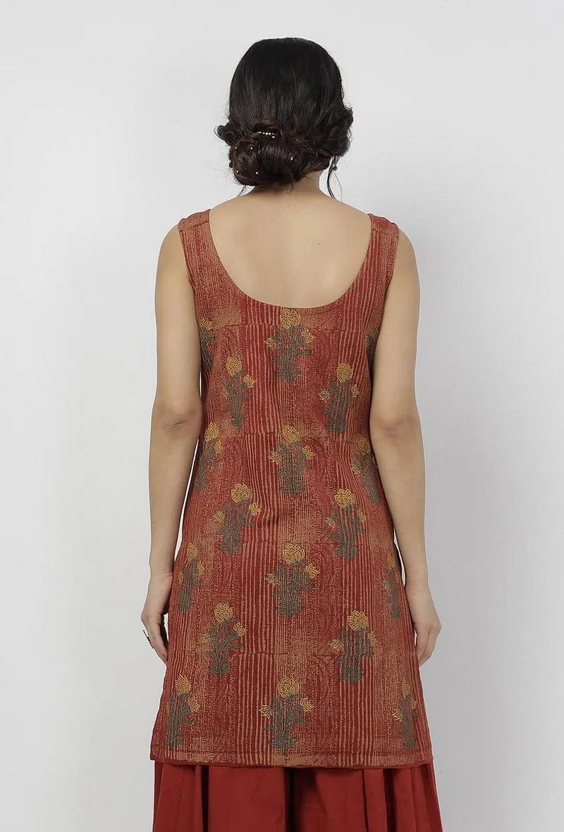 Gerua Maroon Floral Hand-Block Printed sleeveless Cotton Short Kurta