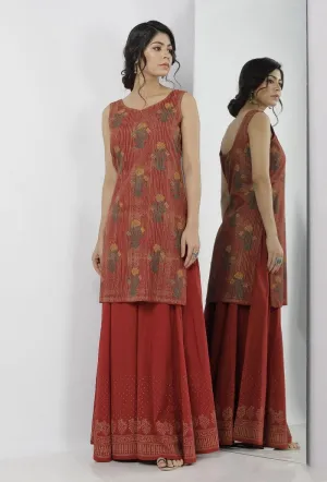 Gerua Maroon Floral Hand-Block Printed sleeveless Cotton Short Kurta