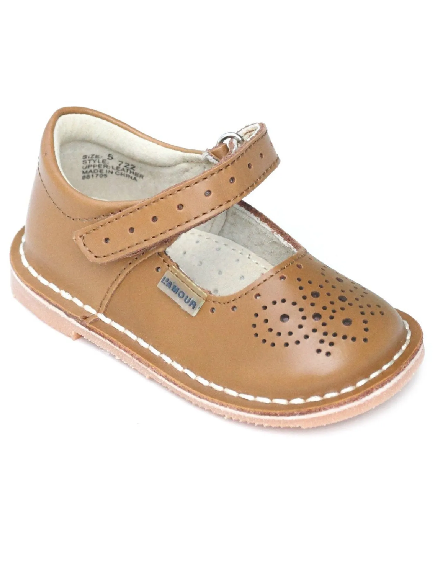 Girls Brown Perforated Hook And Loop Mary Jane Shoes 5 Toddler-2 Kids