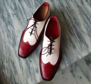 Handmade Men's Wing Tip Lace Up Shoes, Men's Burgundy White Leather Shoes