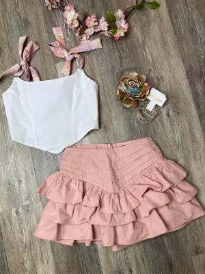 IFS White Crop Top with Pink Skirt Set Tween