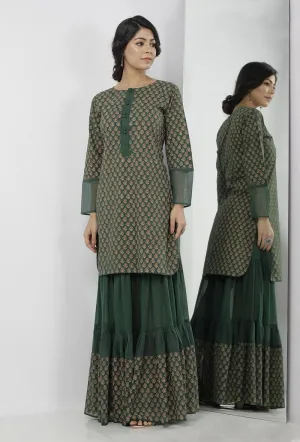 Irvin Bottle Green Floral Hand-Block Printed Cotton Short Kurta