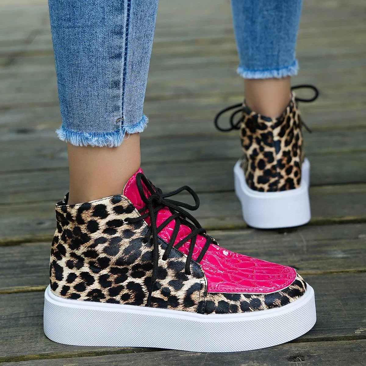 Leopard Platform Sneakers PU Leather Shoes