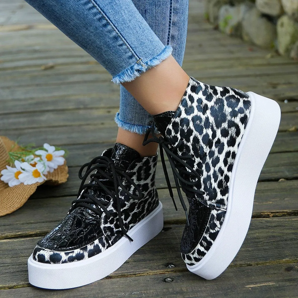 Leopard Platform Sneakers PU Leather Shoes