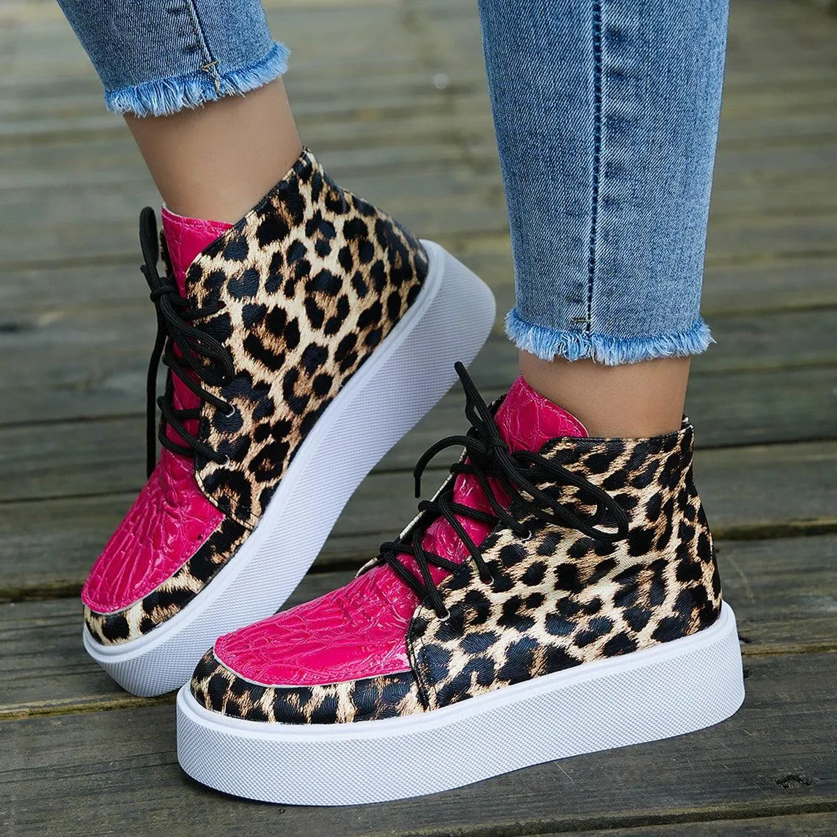 Leopard Platform Sneakers PU Leather Shoes