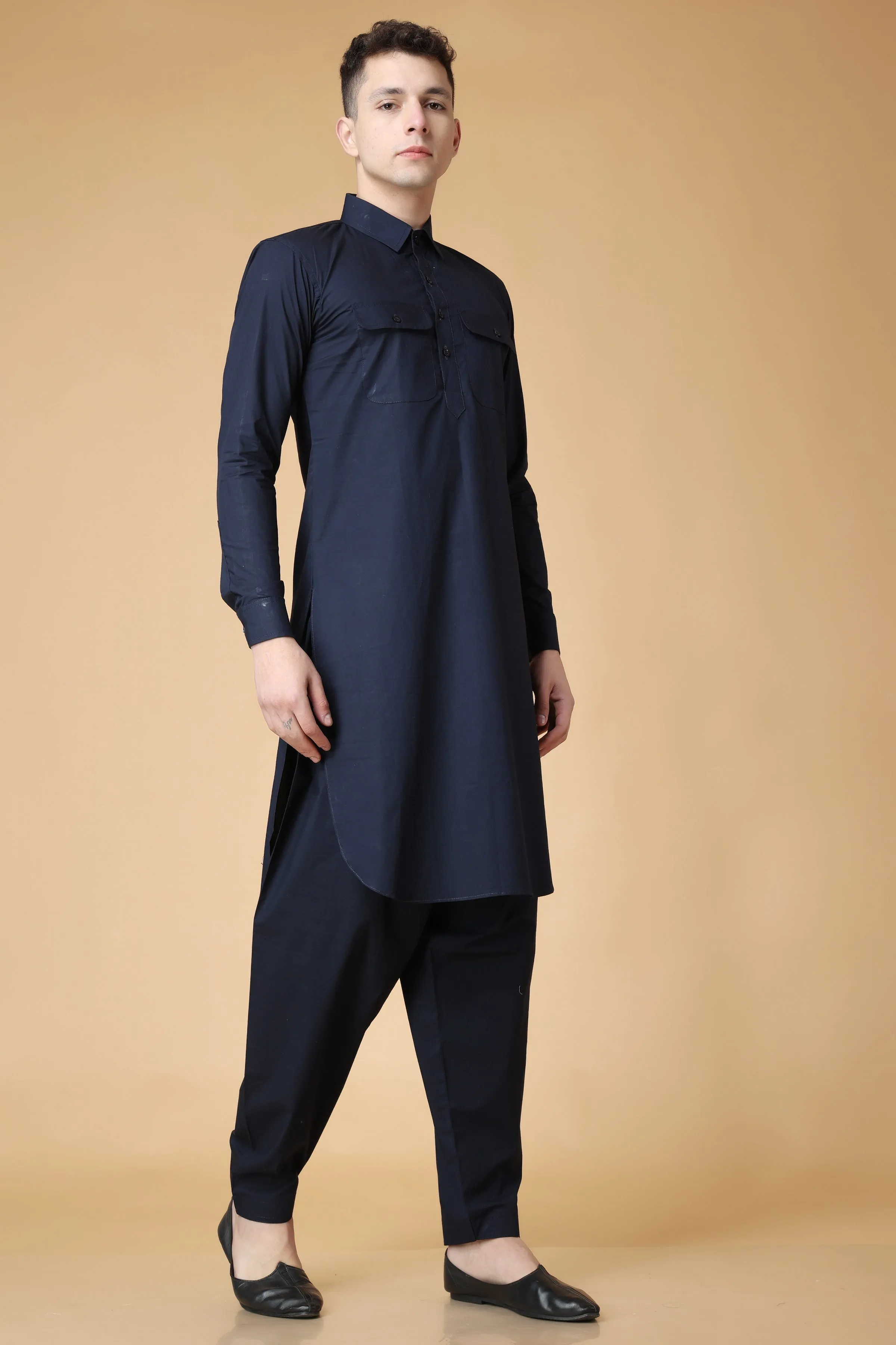 Marine Blue Cotton Pathani Suit