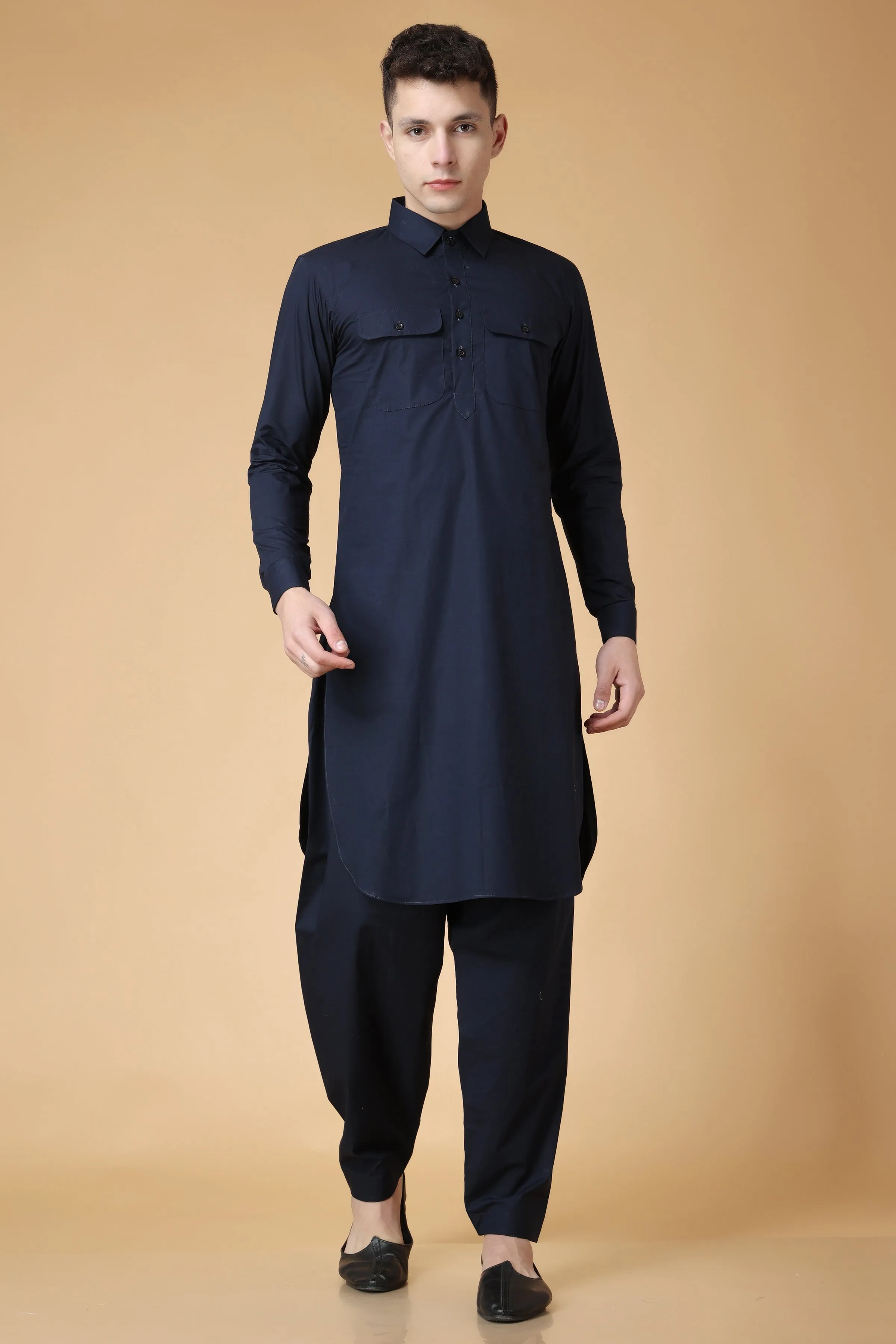 Marine Blue Cotton Pathani Suit