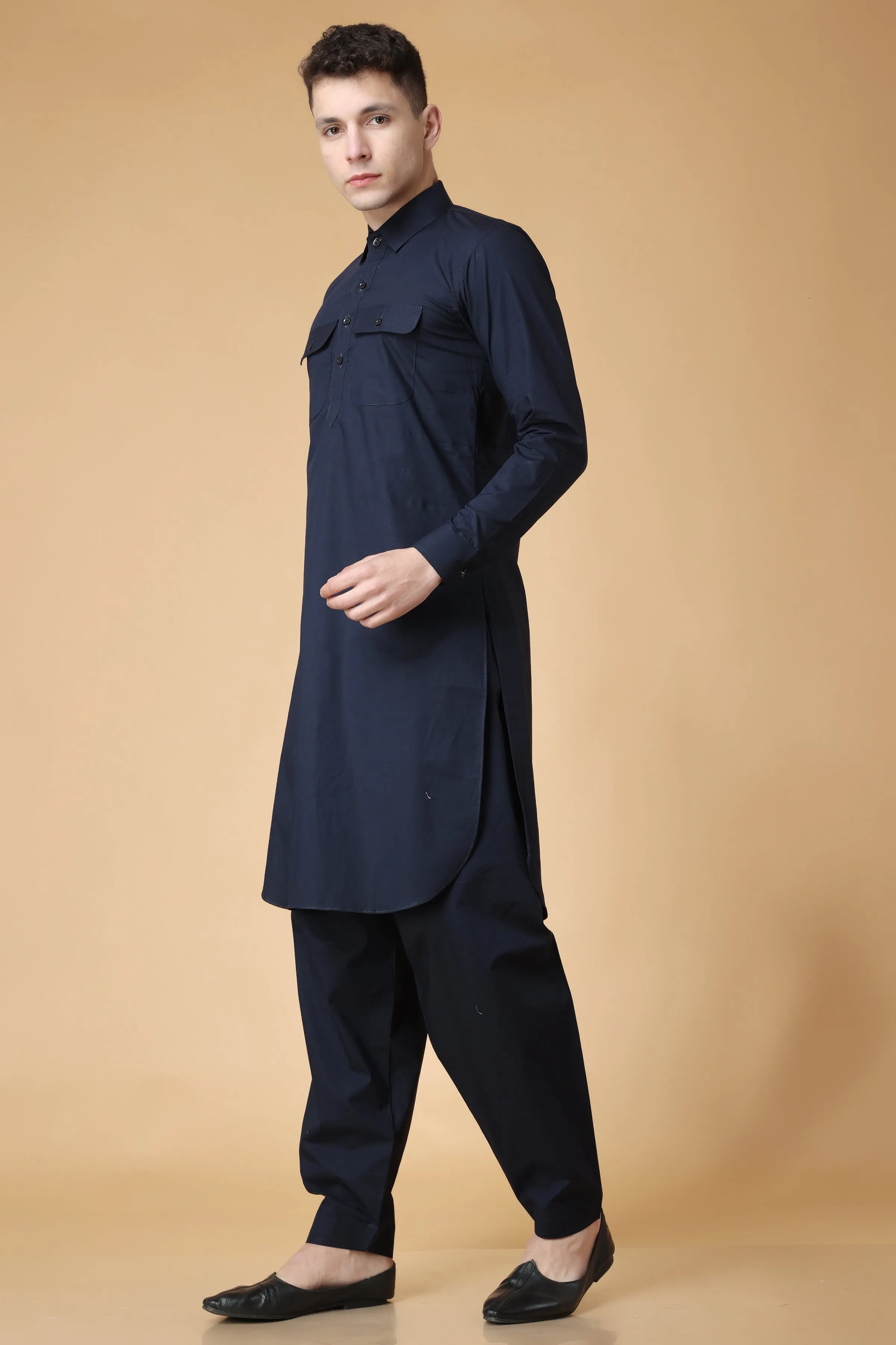 Marine Blue Cotton Pathani Suit