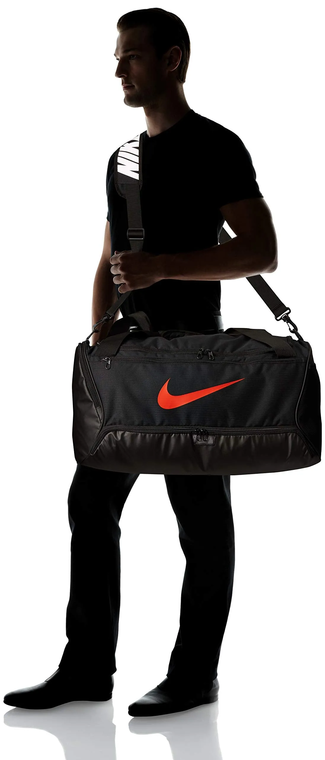 Nike Brasilia Training Medium Duffle Bag, Durable Nike Duffle Bag for Women & Men with Adjustable Strap, Black/Black/Habanero Red