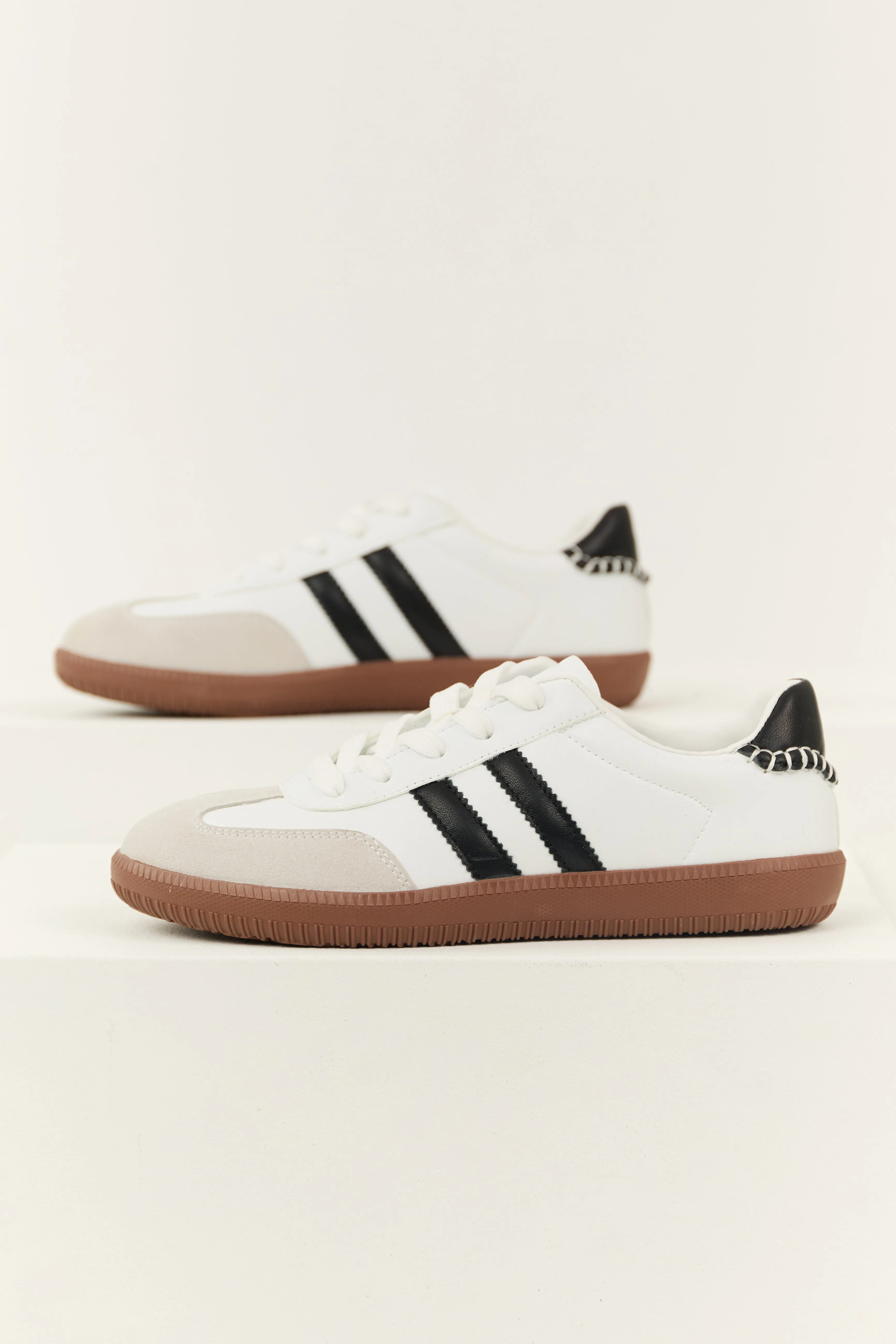 Off White Faux Leather Stripe Lace Up Sneakers