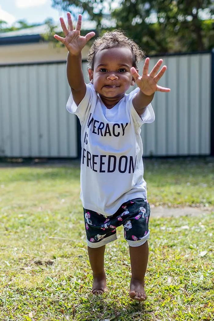 "Literacy is Freedom" White Cotton Crew Neck Kids T-Shirt