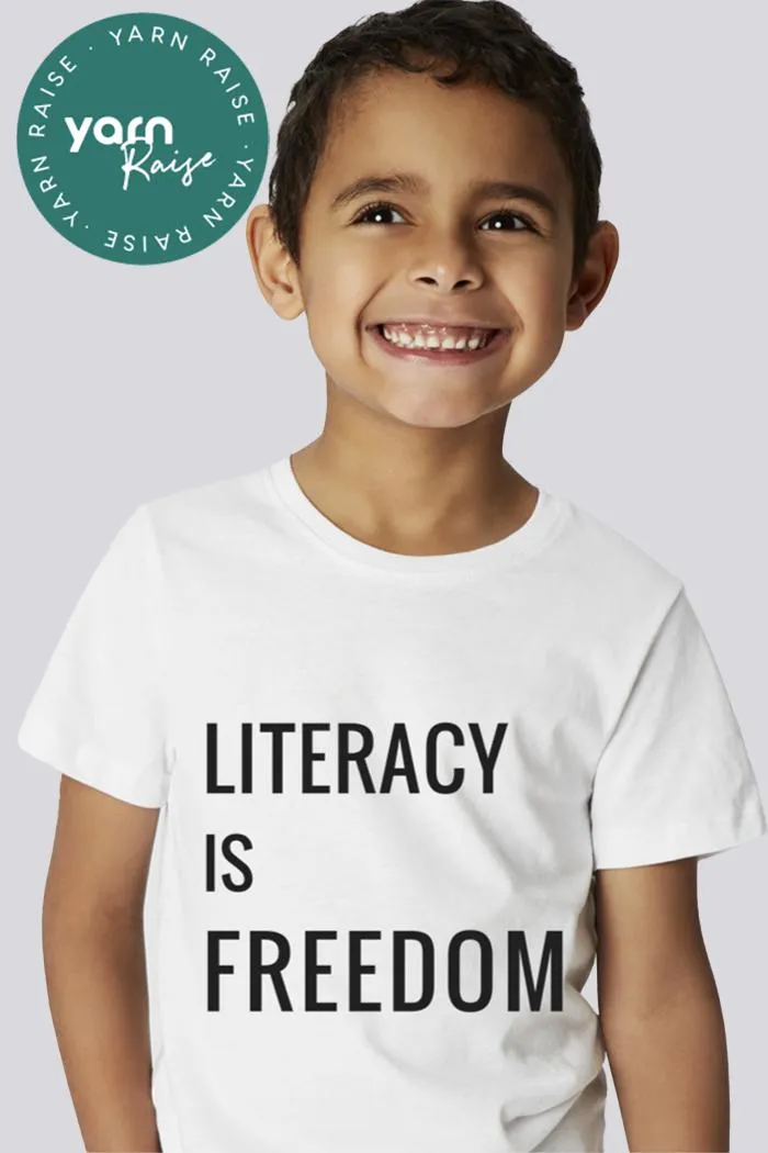 "Literacy is Freedom" White Cotton Crew Neck Kids T-Shirt