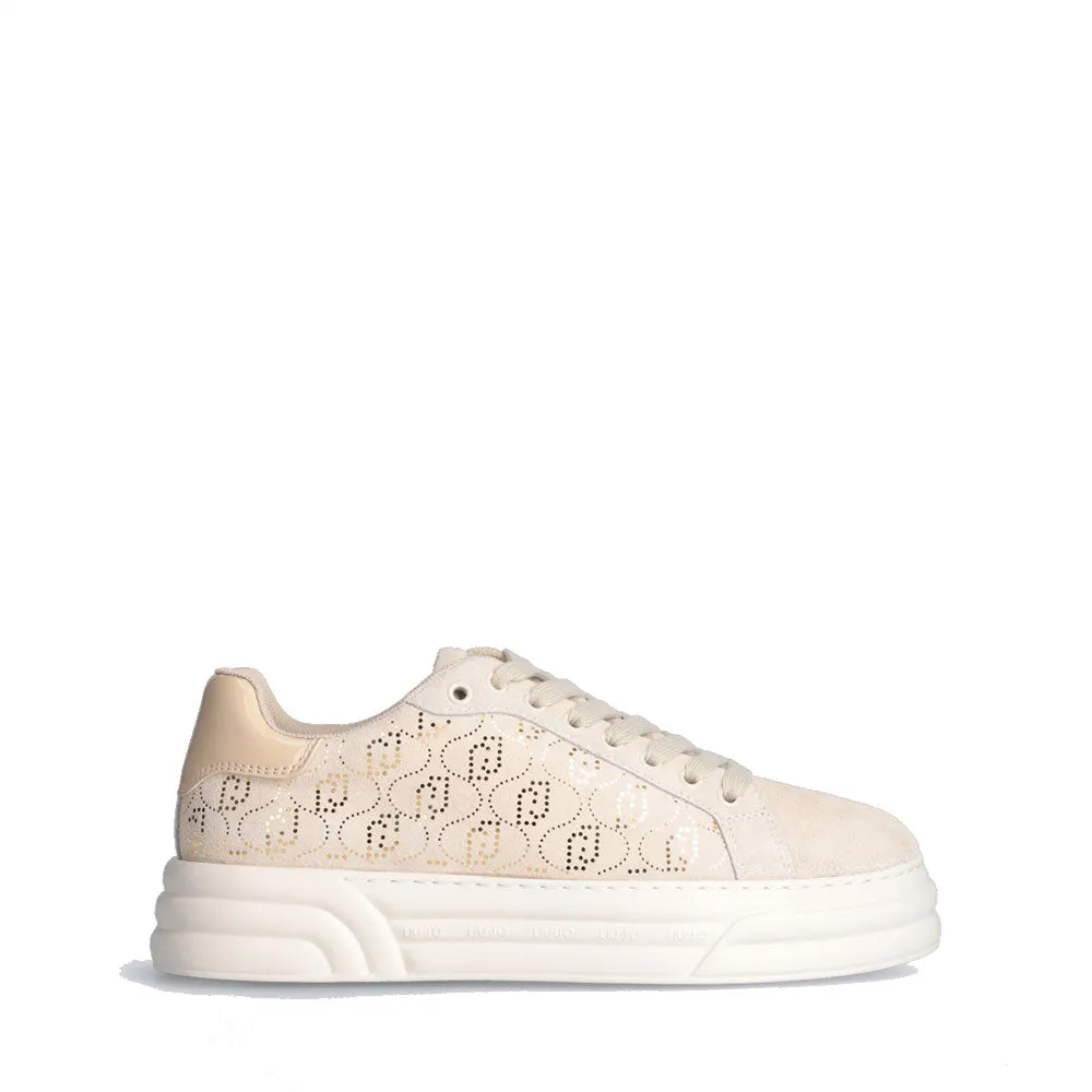 Scarpe Donna LIU JO Cleo 12 Sneakers in Suede Beige con Logo Monogram in Paillettes