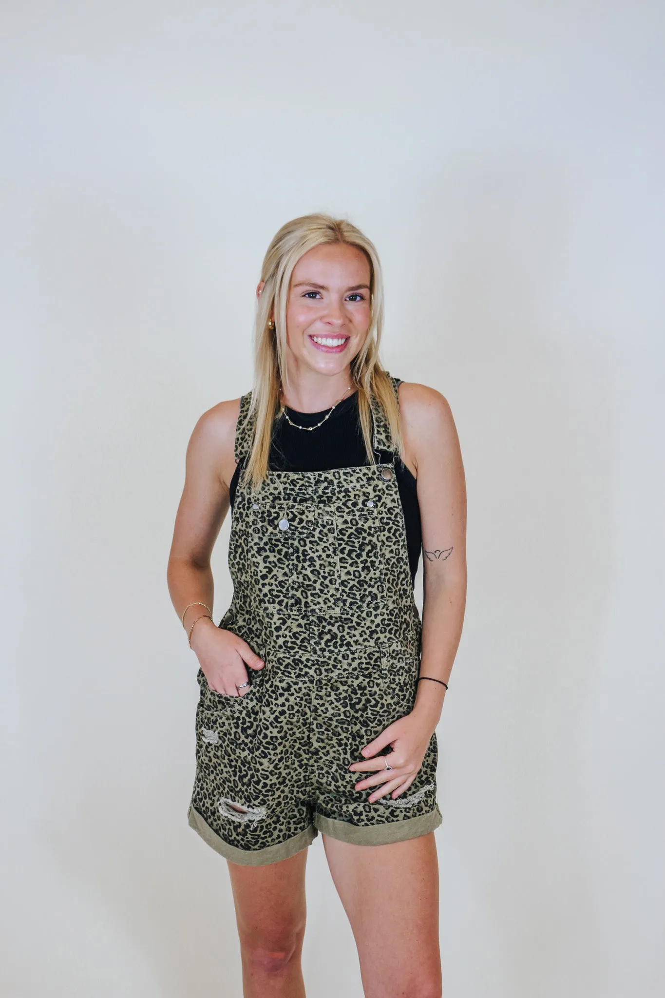 Shades Of Cool Beige Leopard Denim Overalls -2 Colors