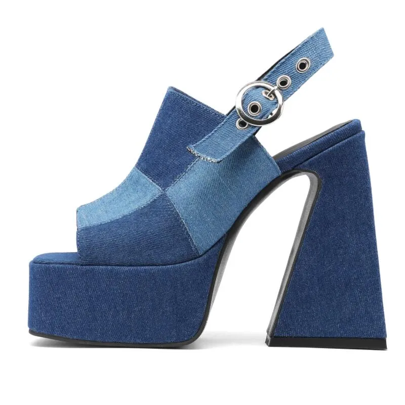 Spliced Denim High Heel Platform Sandals