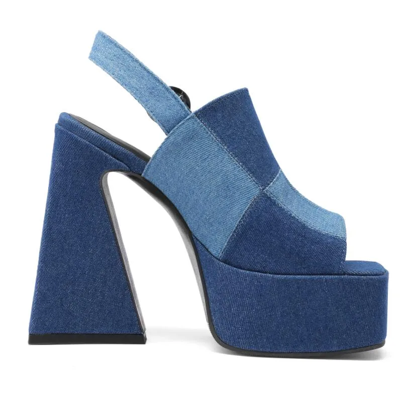 Spliced Denim High Heel Platform Sandals