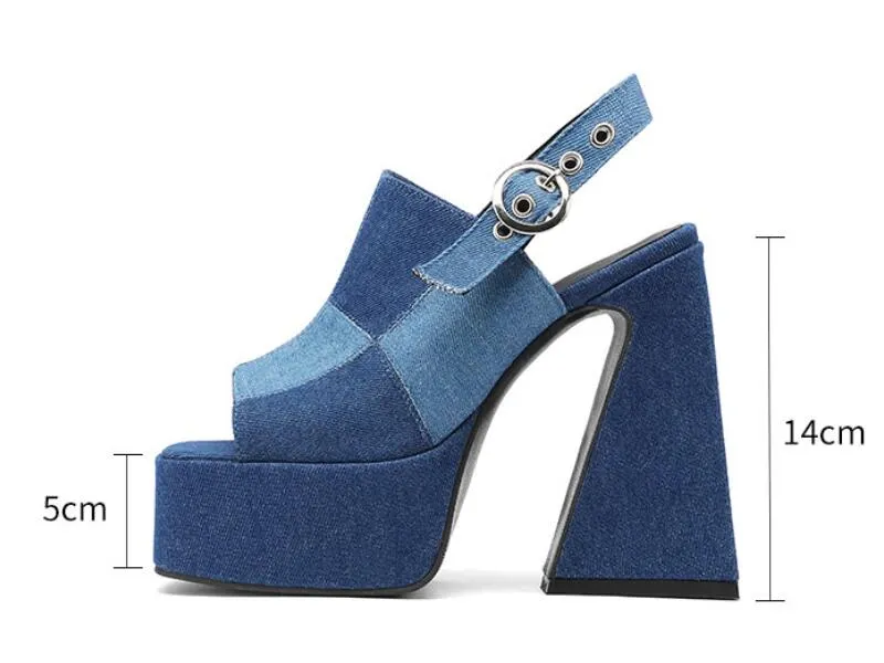 Spliced Denim High Heel Platform Sandals