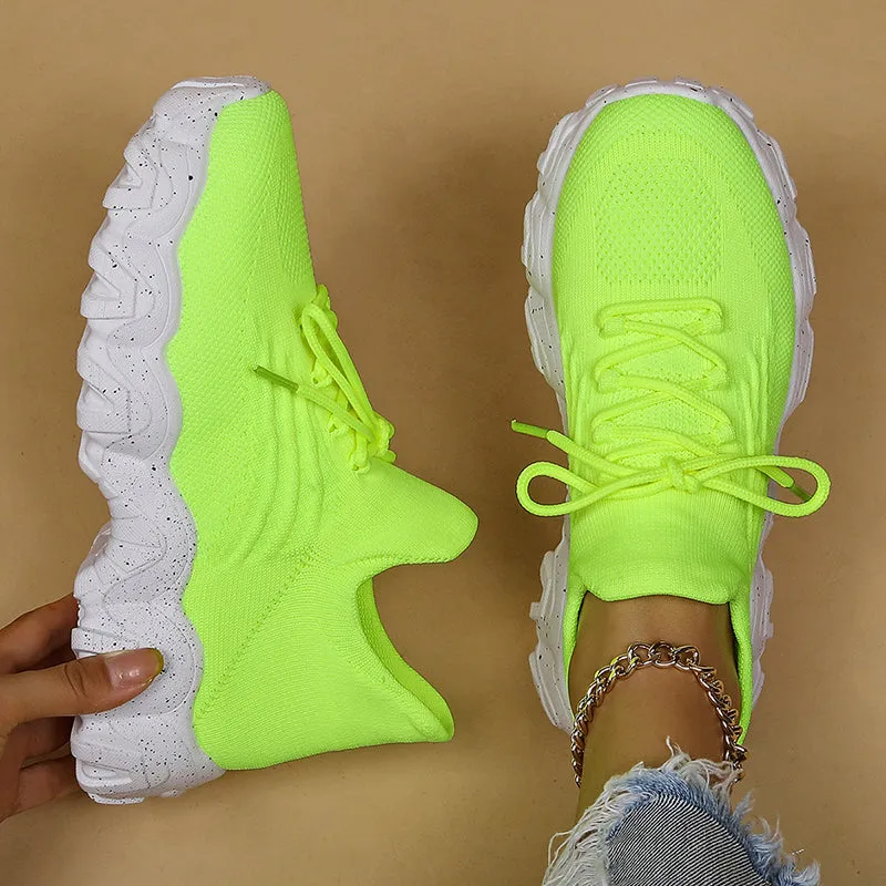 Women's neon color flyknit breathable soft lace-up sneakers for summer