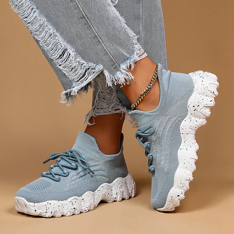 Women's neon color flyknit breathable soft lace-up sneakers for summer