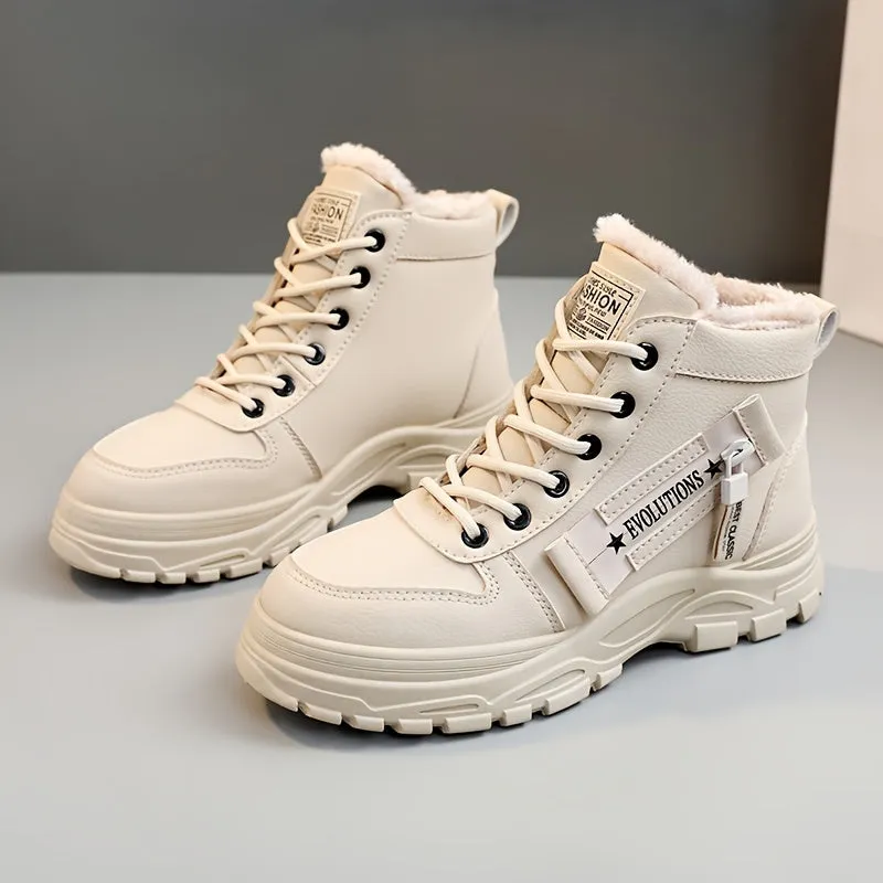 Women's Plush Lined Ankle Boots, Winter Warm Lace Up High Top Sneakers, Thermal Outdoor Short Boots