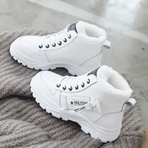 Women's Plush Lined Ankle Boots, Winter Warm Lace Up High Top Sneakers, Thermal Outdoor Short Boots