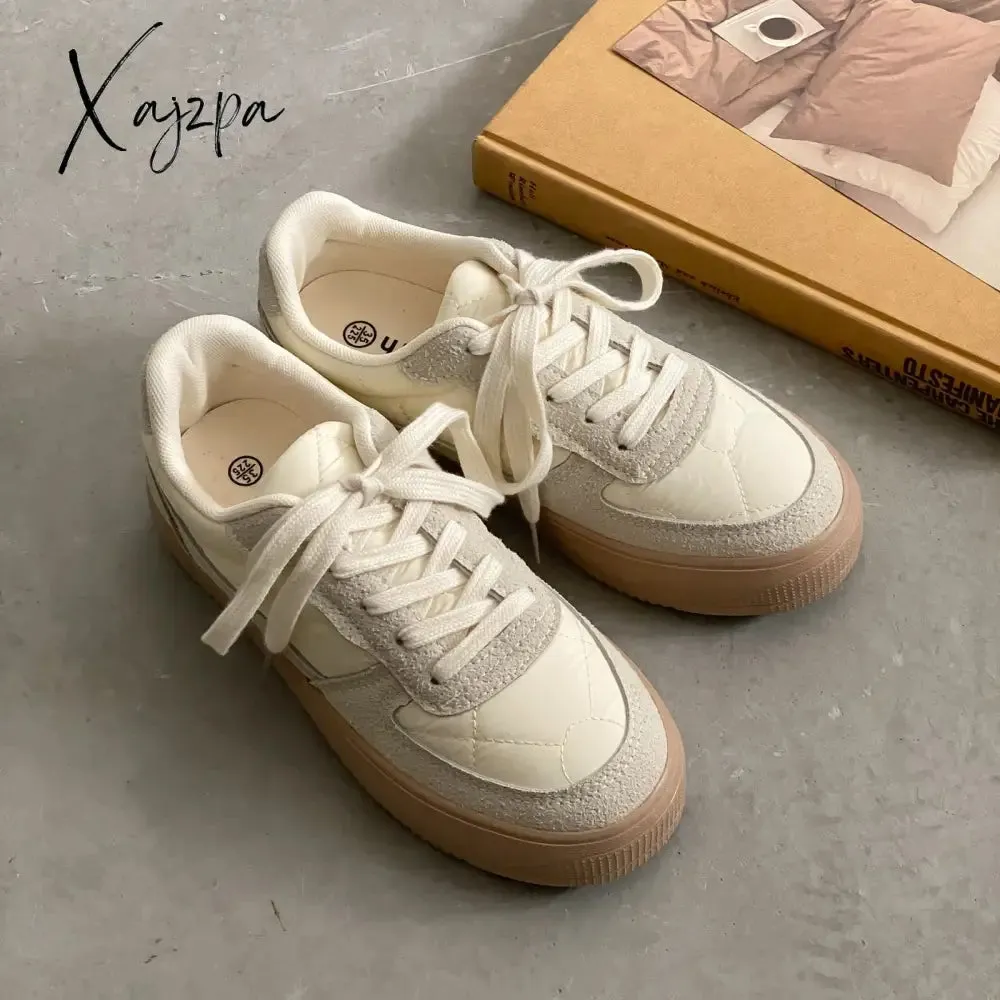 Xajzpa - Brand Leather Women Sneakers White Casual Lace Up Flats Woman Spring Autumn Sports Sneakers Shoes Tennis Female Vulcanized Shoes