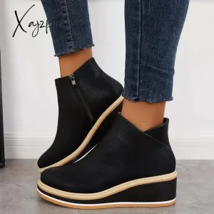 Xajzpa - Casual Wedge Sneakers Side Zipper Platform Wedge Ankle Boots